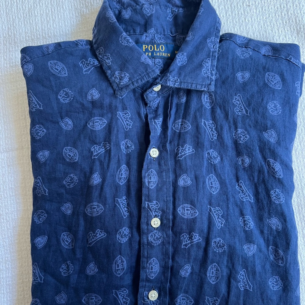 Ralph Lauren Blue Casual Button Down Shirt with Heart Pattern